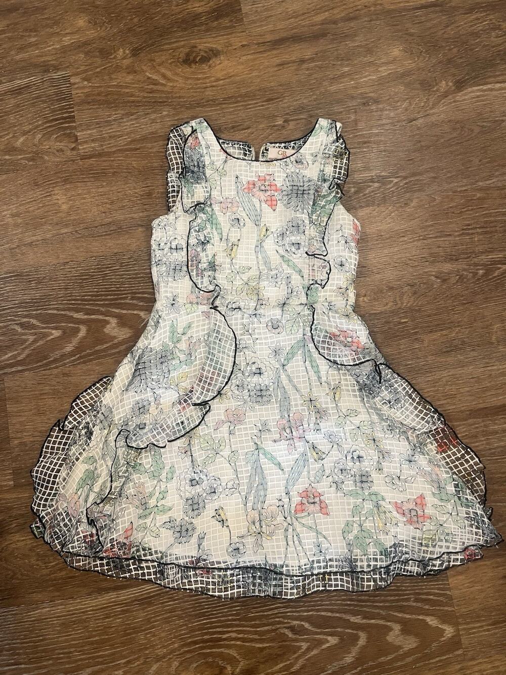 GB Girls Floral Mesh Overlay Dress Size 12 Sleeveless Gold Zipper